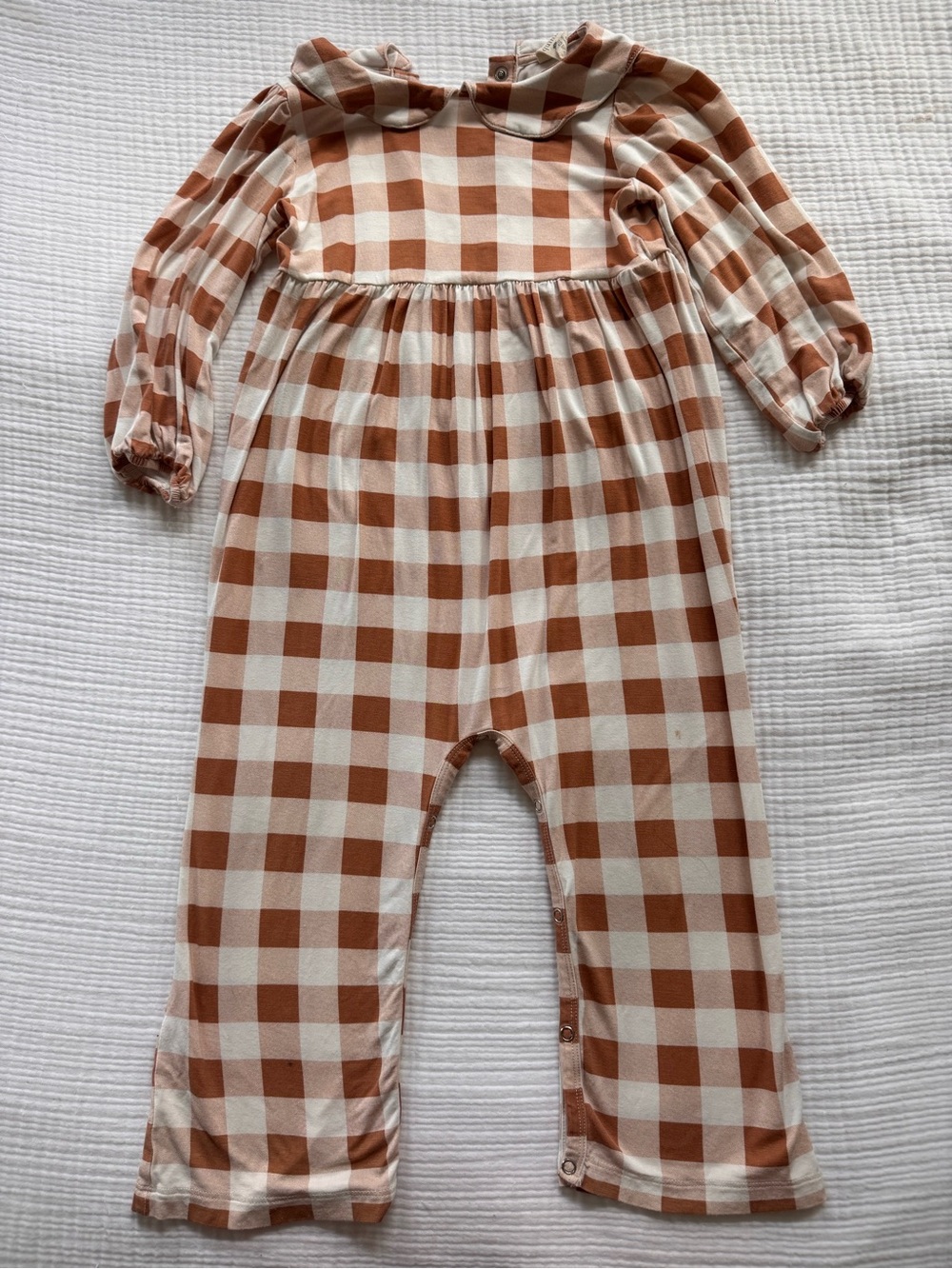 Kate Quinn Plaid Cotton Kids Romper in Cream and Brown
